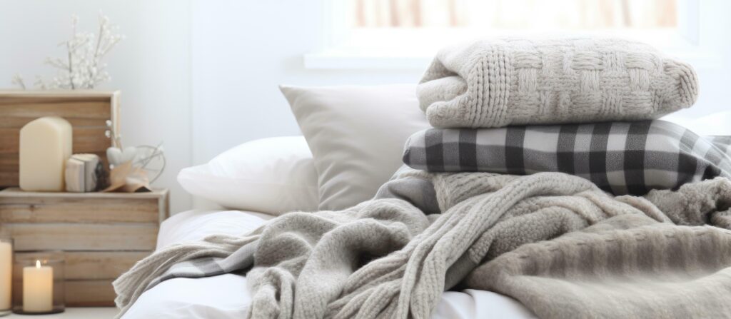 Gray Bedding Stack With Home Sign And Soft Pillows And Blanket Textile Concept Free Photo